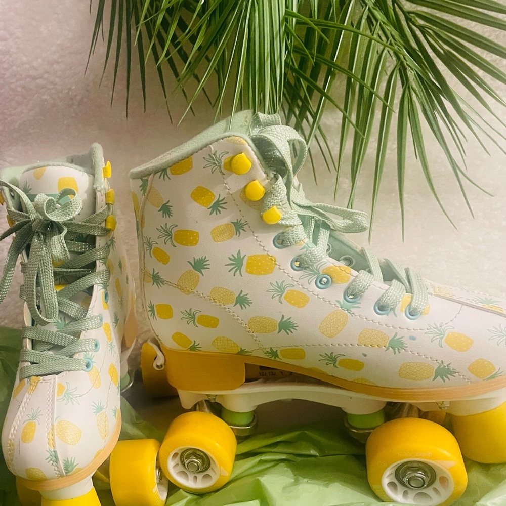 Green and Yellow Retro Roller Skates with pineapple pattern